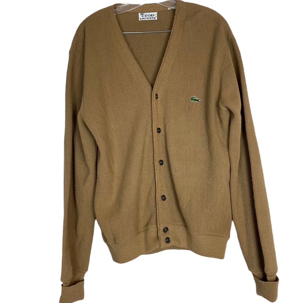 Lacoste Vintage Izod  Lacoste Tan V-Neck Cardigan 70s Orlon Acrylic Medium